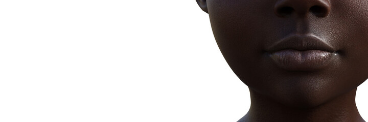 Cropped 3d model portrait of bald black woman on white background