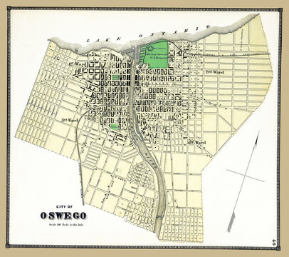 Old map of Oswego, New York, features street names, railroads, cemeteries, military forts, and its river. Published 1867. This is an enhanced, restored reproduction of an old map. 