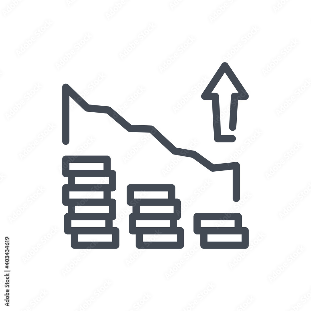 Poster financial growth graph line icon. chart with stack of coins and arrow up vector outline sign.
