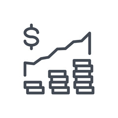 Financial chart, Savings and Income graph line icon. Graph with dollar and stack of coins vector outline sign.