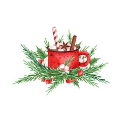Christmas watercolor red cup with fir and cotton. Cinnamon cacao. Watercolor illustration on white background. Illustration for postcards, posters, textile design and other Souvenirs. cinnamon