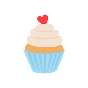 Hand-drawn cupcake with a heart isolated on a white background in a trendy style. Element for creating a design for Valentine's Day, can be used on postcards, invitations, flyers, posters, advertising