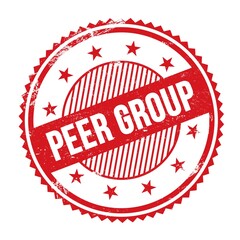 PEER GROUP text written on red grungy round stamp.