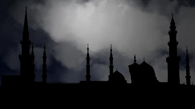 Medina: Al Masjid an Nabawi, Islamic Prophet's Muhammad Mosque,Time Lapse By Night with Crescent Moon, Madinah, Saudi Arabia