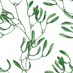 Seamless pattern with watercolor white mistletoe branches. Hand drawn illustration is isolated on white. Repeat ornament is perfect for floral design, wallpaper, fabric textile, wrapping paper