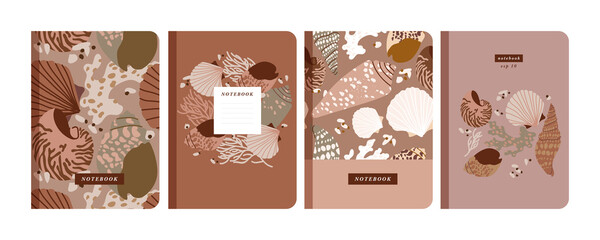 Vector illustartion templates cover pages for notebooks, planners, brochures, books, catalogs. Sea shells, marine patterns.