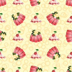 Jelly and cherry pattern. Confectionery sweets. Seamless pattern for kitchen, cafe, dining room.