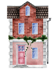 Watercolor house on an isolated background of plaster and bricks. Hand drawn illustration for your design of cards, invitations, backgrounds and other purposes