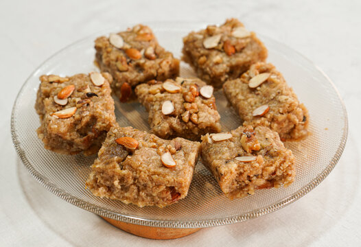 pakistani famous sweet Pieces of sohan halwa in a plate.