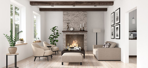 Wohnzimmer mit offenem Kamin