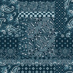 Blue bandana paisley fabric patchwork abstract vector seamless pattern  - obrazy, fototapety, plakaty