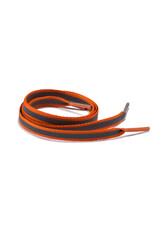 Fototapeta premium Subject shot of gray and orange shoe strings with reflective stripe. The plane shoe laces are rolled into a coil and isolated on the white background.
