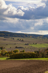 View of  spring landscape with cloudy sky. Czech Republic.