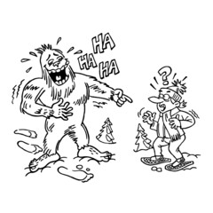 Bigfoot laughing hiker on snowshoes, winter sport joke, black and white cartoon
