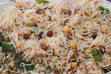 A closeup of pakistani and indian channa chawal rice