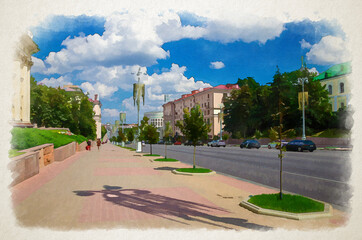Naklejka premium Watercolor drawing of Minsk: Independence Avenue with Socialist Classicism Stalin Empire style buildings, sidewalk pavement and riding cars