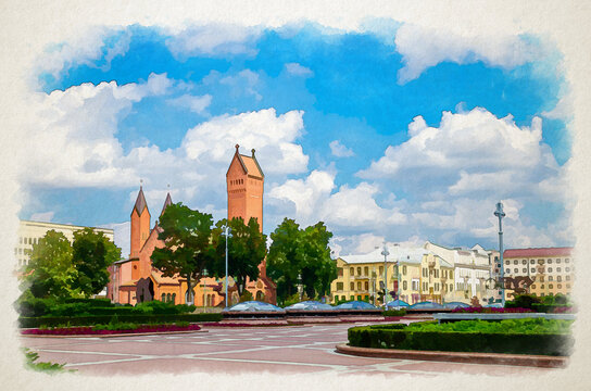 Watercolor drawing of Saints Simon and Helena Roman Catholic church or Red Church on Independence Square in Minsk city historical centre