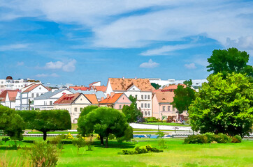 Watercolor drawing of Traeckaje Suburb with old buildings in Trinity Hill district and grass lawn with green trees in Minsk city historical centre