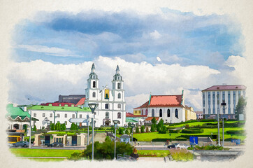 Fototapeta na wymiar Watercolor drawing of Minsk: Upper Town with Holy Spirit Cathedral Orthodox Church Baroque style building and Church of St. Joseph in historical centre
