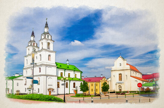 Watercolor drawing of Holy Spirit Cathedral Orthodox Church Baroque style building and Church of St. Joseph in Upper Town Minsk historical city centre