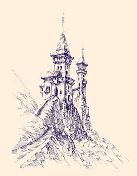 Beautiful castle with towers on top of the mountain and stairs that go up vector hand drawing