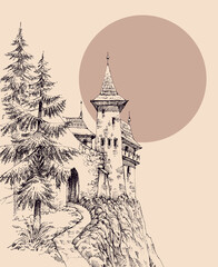 Old medieval castle in the pine forest hand drawing