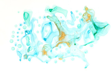 Obraz na płótnie Canvas Chaotically splattered light blue transparent ink drops on white background. Abstract watercolor texture with gold parts.