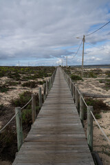 Obraz premium endless long wooden boardwalk in the Ria Formosa National Park on the Algarve