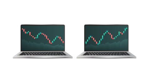 Laptop with Stock Market Quotes Display. Candlestick on a white background. Investment trading in the stock market. Vector illustration.
