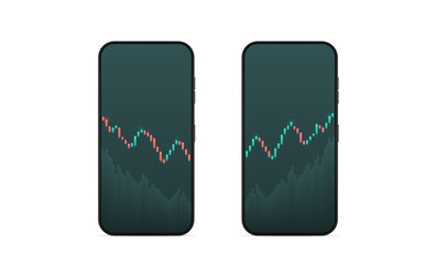 Phone with display of stock market quotes. Candlestick on a white background. Investment trading in the stock market. Vector illustration.
