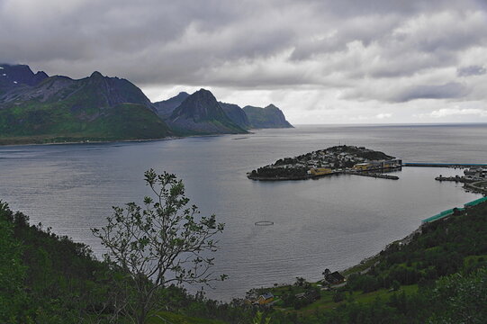 Village of Husoy on Island of Husoy, in Oyfjorden, Finnmark County, Norway