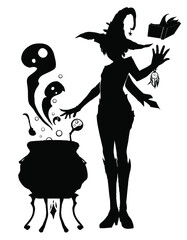 Silhouette of a young witch in a huge hat, she cooks a potion in a cauldron from which ghosts fly out, she has a magic book flying over her hand. 2d illustration
