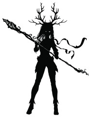 The silhouette of a young dryad with deer antlers on her head and a staff of Koreas in her hands, she has beautiful hair and a long scarf, she looks with disbelief. 2d illustration - obrazy, fototapety, plakaty