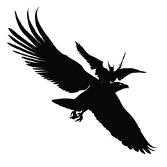 The silhouette of an angel knight riding a huge eagle, they fly into battle with a sword at the ready . 2d illustration