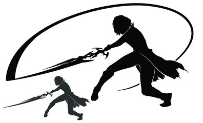 Silhouette of a swordsman girl in a dynamic action pose makes a swing with a strange demonic long sword of an unusual shape, she is in a half-crouch, she has a square haircut. 2d illustration