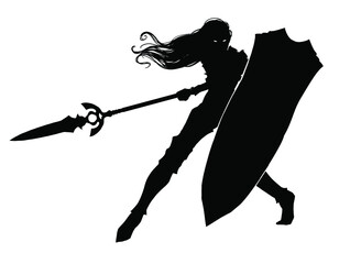Silhouette of a female knight with a huge tower shield and a long beautiful spear in a dynamic action pose, she has long hair, she is in plate armor, her eyes glow in the dark. 2d illustration