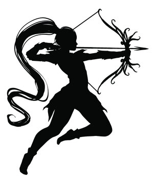 Silhouette girl archer elf in a dynamic graceful jump pulls an arrow ready  to shoot, she has a patterned bow, leather armor, and a long tail on her  head . 2d illustration
