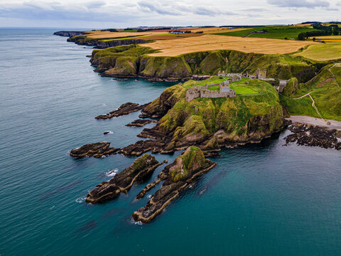 Aerial of Dunnottar Castle, Stonehaven, Aberdeenshire, Scotland, United Kingdom, Europe