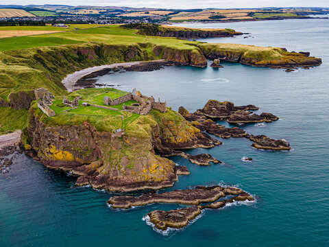 Aerial of Dunnottar Castle, Stonehaven, Aberdeenshire, Scotland, United Kingdom, Europe