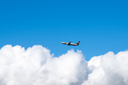 Ryanair airplane taking off from Faro airport in Portugal