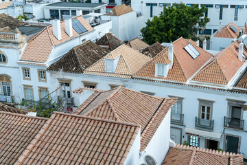 high angle view of the rooftops of the old city center of historic Tavira