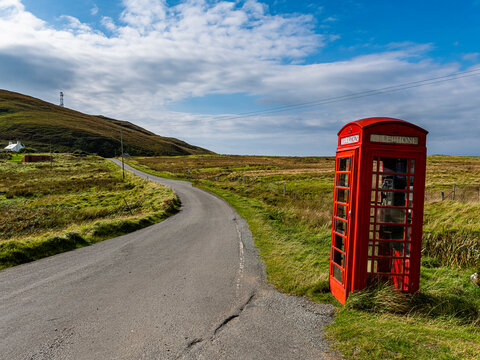Remote red phone booth, Isle of Skye, Inner Hebrides, Scotland, United Kingdom, Europe