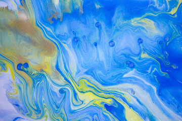 Gold, blue and yellow marbling pattern. Marble liquid texture.