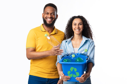 Family Couple Holding Box With Recycle Symbol Over White Background - Powered by Adobe