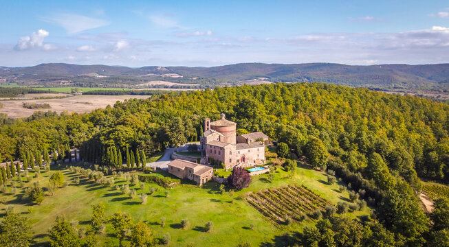 the Romanesque church of Monte Siepi (Eremo di Monte Siepi) , where it is possible to see, yet, the "Sword in the Stone", Siena province, Tuscany region, italy