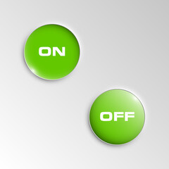 web round button with on and off text for website or app. Isolated bell sign button with border, reflection and shadow on background button