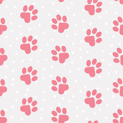 Fototapeta na wymiar Paws of a cat, dog, puppy. Seamless pink animal footprint pattern for bedding, fabrics, backgrounds, websites, postcards, baby prints, wrapping paper. 