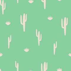Children's seamless pattern with cactus on green background in cartoon style. Cute texture for kids room design, Wallpaper, textiles, wrapping paper, apparel. Vector illustration © Irina Gubanova