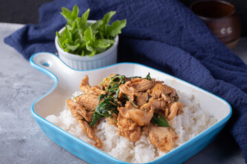Stir-fried chicken with basil, popular Thai food