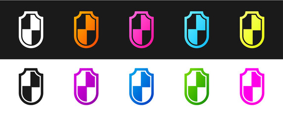 Set Shield icon isolated on black and white background. Guard sign. Security, safety, protection, privacy concept. Vector.